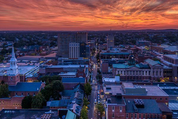 At sunset, An aerial view of downtown Lancaster, PA.